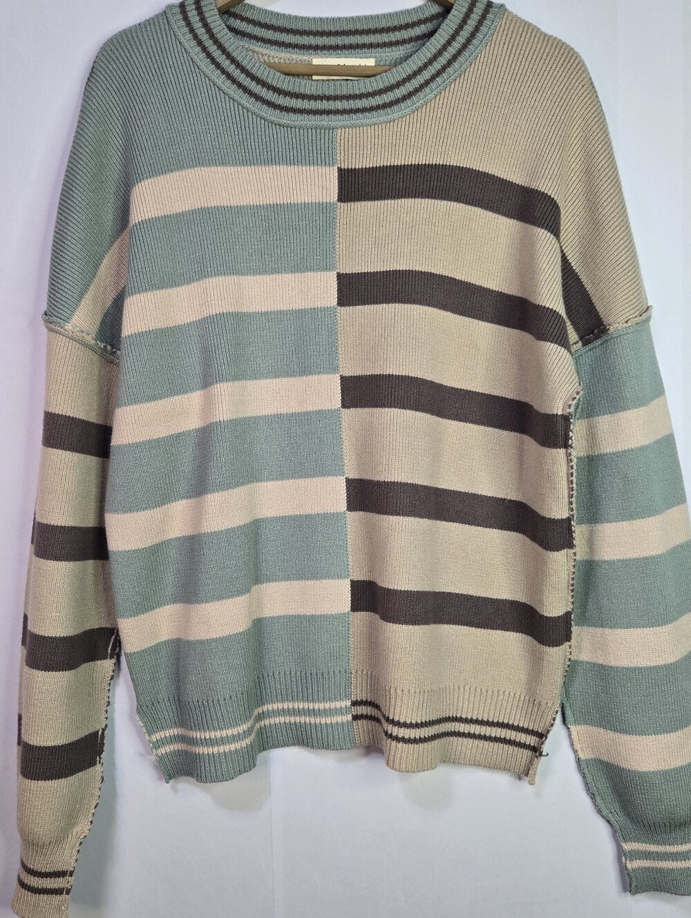 New In Women Size L Quality Sweater, Multi Coordinaring Stripes & Raw Finish Hem